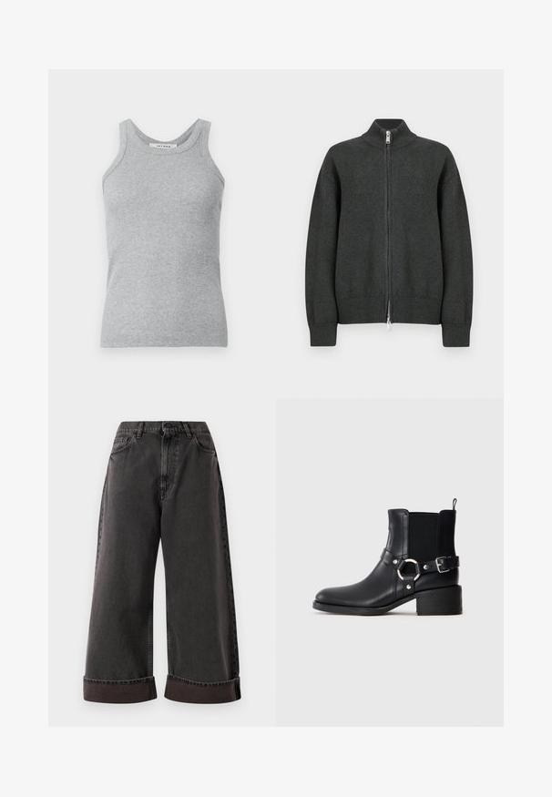 Donkergrijze gebreide vest met ritssluiting, hoge kraag, geribde manchetten en zoom. Heeft een zilveren rits met een rechthoekige trekker.; Grijze geribbelde tanktop met een ronde halslijn en brede schouderbanden. De stof heeft een zachte textuur en een aansluitende pasvorm.; Zwarte wijde jeans met opgerolde zoom, sluiting met voorste knoop en ritssluiting, en zij- en voorzakken.; Zwarte leren enkelboot met zijgesp en ringdetail, elastische zijpaneel, lage blokhak en trek lipje op een effen achtergrond.