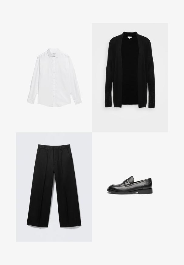 Cardigan noir ouvert à l'avant, fabriqué en tissu léger et texturé. Il présente des manches longues et une coupe décontractée, idéale pour le superposition.; Chemise blanche à boutons en tissu lisse, avec un col classique, des manches longues et un ourlet droit sans motifs ni accents.; Pantalon large noir avec passants pour ceinture, poches avant et fermeture éclair, présenté sur un fond gris clair.; Des mocassins en cuir noir présentent un bout arrondi, une couture sur le dessus et une semelle en caoutchouc plate et basse. Texture lisse sans motifs visibles.