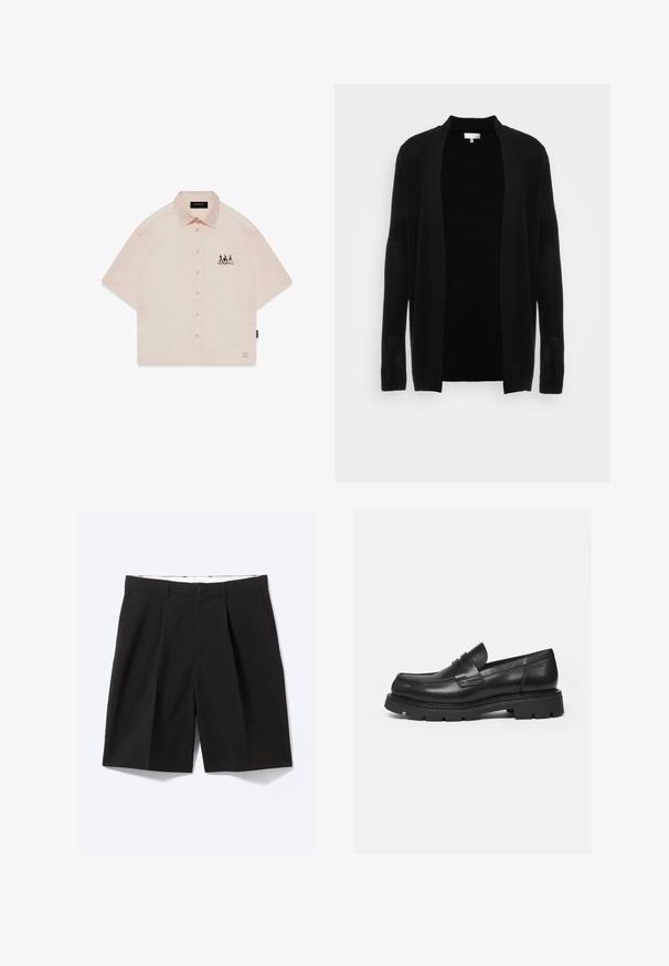 Cardigan noir ouvert à l'avant, fabriqué en tissu léger et texturé. Il présente des manches longues et une coupe décontractée, idéale pour le superposition.; Chemise à manches courtes en pêche avec col pointu, fermeture à boutons sur le devant et un motif graphique noir sur le côté gauche de la poitrine.; Shorts noirs sur mesure longueur genou avec passants de ceinture, poches latérales, fermeture par boutons et plis devant, posés à plat sur fond blanc.; Mocassin en cuir noir avec semelle épaisse crantée et détail de bride penny, présenté en profil droit sur fond blanc.