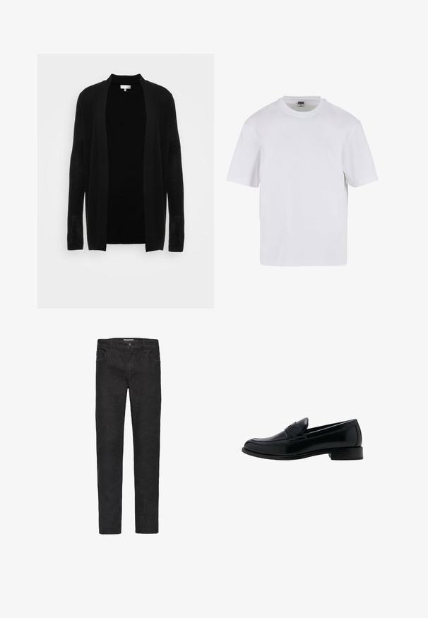 Cardigan noir ouvert à l'avant, fabriqué en tissu léger et texturé. Il présente des manches longues et une coupe décontractée, idéale pour le superposition.; T-shirt blanc à manches courtes en coton. Il présente un col rond et une coupe décontractée. Texture lisse, design minimaliste, sans motifs ni accents.; Jean en denim noir avec une coupe droite. Les caractéristiques incluent cinq poches, une fermeture à bouton et une couture discrète le long des coutures.; Mocassin en cuir noir avec un talon bas, un bout rond et un détail classique de bride à penny sur le dessus.