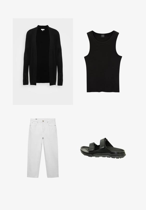 Sort åben-front cardigan lavet af letvægts, tekstureret stof. Har lange ærmer og en afslappet pasform, velegnet til lag-på-lag styling.; Sort ribbet tanktop med rund halsudskæring og brede ærmegab, lavet af en blød, strækbar stof. Mærke: Pull&Bear.; Hvide jeans med høj talje og lige ben, forlommer, bæltestropper og lukning med en messingknap.; Sorte sandaler har to justerbare stropper, et struktureret ydermateriale og en polstret sål med en skridsikker bund for godt fodfæste.