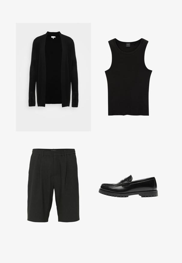 Schwarzer, offener Cardigan aus leichtem, strukturiertem Stoff. Verfügt über lange Ärmel und eine lockere Passform, ideal zum Schichten.; Schwarzes, geripptes Tanktop mit rundem Halsausschnitt und weiten Armausschnitten, aus einem weichen, dehnbaren Stoff. Marke: Pull&Bear.; Schwarze Shorts aus strukturiertem Stoff, mit lockerer Passform, Falten und einem elastischen Bund für zusätzlichen Komfort.; Schwarzer Leder-Slipper mit dicker Gummisohle und klassischem Penny-Detail an der Riemen, von der Außenseite gezeigt.