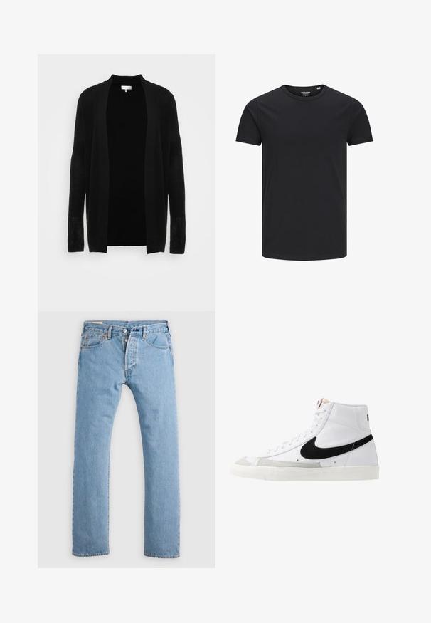 Cardigan noir ouvert à l'avant, fabriqué en tissu léger et texturé. Il présente des manches longues et une coupe décontractée, idéale pour le superposition.; T-shirt en coton noir avec un col rond, des manches courtes et un design simple. Texture lisse, sans motifs ni éléments visibles.; Jean en denim droit bleu clair avec fermeture à boutons, passants de ceinture, et poches avant et arrière, présenté sur un fond blanc.; Baskets montantes blanches avec un swoosh noir, un capuchon de pied texturé gris et une semelle plate blanche. Elles possèdent six œillets et des accents cousus.
