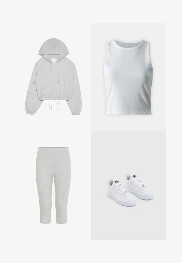 Grå cropped hoodie med lynlås foran, snøre ved kanten, stor hætte og lynlås-lomme på venstre ærme. Blødt stof.; Hvid ribbet tanktop med rund halsudskæring og ærmeløs design, med en lige kant og en glat, strækbar tekstur.; Grå strækbare capri leggings med en glat tekstur og en elastisk talje, der har en tætsiddende pasform uden synlige mønstre eller accenter.; Hvide Nike Air Force 1 sneakers med en glat læderoverdel, perforeret tåboks, hvide snørebånd og sort branding på tungen.
