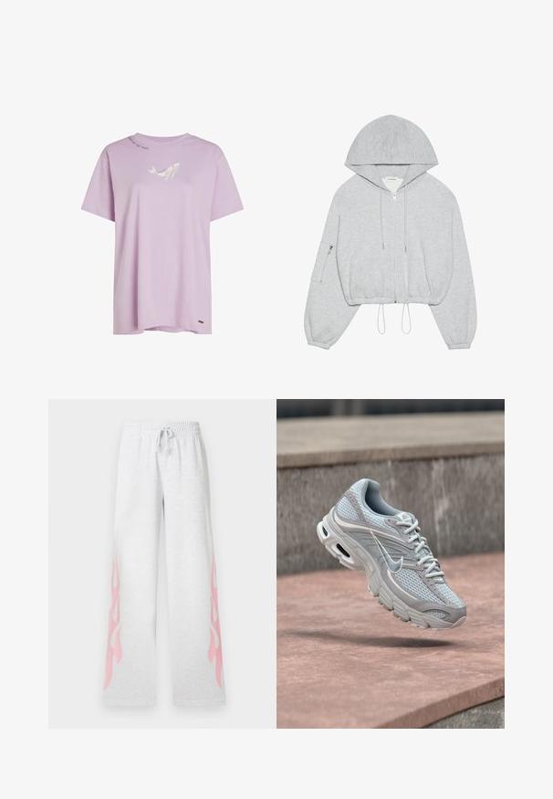 Haut à capuche gris cropped avec une fermeture éclair à l'avant, cordon de serrage à l'ourlet, grande capuche et poche zippée sur la manche gauche. Texture de tissu douce.; T-shirt en coton violet clair avec col rond, manches courtes et un graphisme blanc représentant une baleine. Dispose d'une petite étiquette logo à l'ourlet.; Pantalon de survêtement gris clair à jambes larges, taille élastique, cordon de serrage, avec des motifs de flammes roses sur les deux côtés.; Chaussure de course Nike gris clair et blanc avec mesh et semelle amortie, montrée en plein air contre un fond de marches en béton.