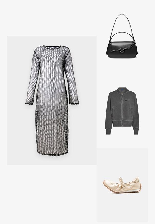 Hallhalli hall jacket, mis on valmistatud pehmest kangast, millel on lukuga kinnitamine, küljetaskud, soonikkätised ja tikkitud logo rinnal.; Must mustriga kleit pikad varrukad, kus on kuusnurkne muster, ümar kaelus ja pikk, sirge siluett. Tekstuuriga riie.; Pehme beezhi värvi baleriinakujulised kingad elastse paelaga, kummist talla ja soontega ning ülisosal ja kanna ümber kurrutatud detailidega.; Must nahast õlakott kõverda kaanega, mida hoiab kinni ümmargune metallist klamber ja millel on õhuke, reguleeritav rihm.