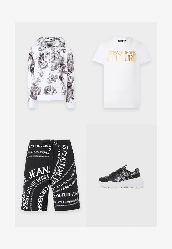 Sweat à capuche blanc zippé avec motifs abstraits tourbillonnants noirs et gris, doté d'une capuche avec cordons, étiqueté Versace Jeans Couture.; T-shirt blanc à manches courtes avec texte métallisé doré "Versace Jeans Couture" sur le devant et col rond.; Shorts noirs à cordon avec texte blanc "Versace Jeans Couture" dispersé en différentes tailles et orientations.; Baskets noires de sport avec un motif floral et une semelle épaisse blanche. Elles disposent de lacets noirs et d'une sangle de logo sur le côté. Tige en tissu texturé.