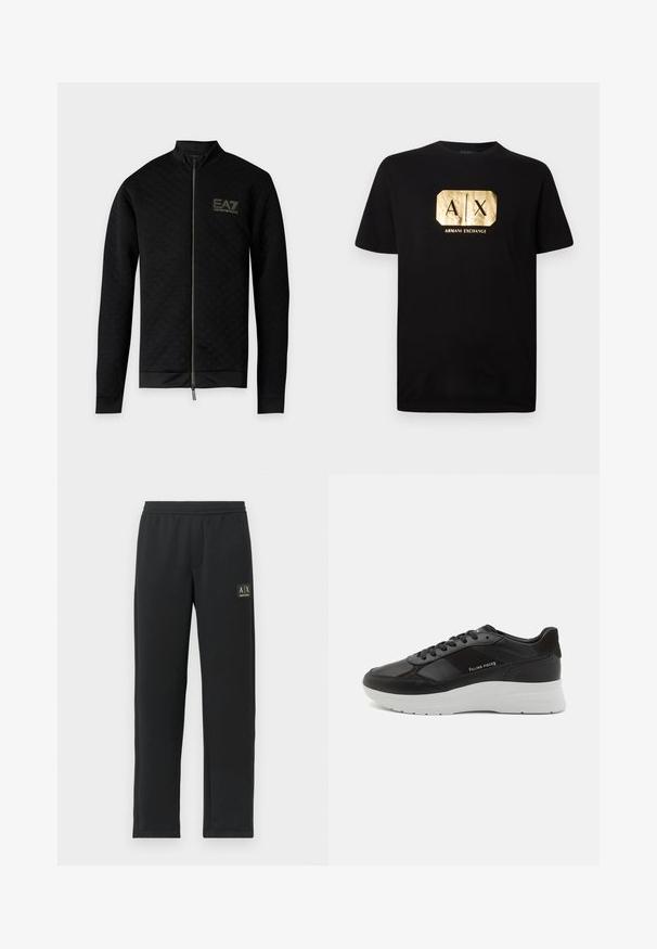 Schwarze langärmelige Reißverschlussjacke mit dezent kariertem Muster und EA7 Emporio Armani-Logo auf der linken Brust.; Schwarzes Baumwoll-T-Shirt mit einem goldenen rechteckigen Logo, auf dem "A|X" und der Text "ARMANI EXCHANGE" darunter steht. Klassischer Schnitt mit kurzen Ärmeln.; Schwarze Sweatpants mit geradem Bein, elastischem Bund und schwarzem Patch-Logo auf dem oberen linken Oberschenkel.; Schwarze Ledersneaker mit Wildlederdetails, runde Zehenform, weiße Gummisohle und gestickte Verzierungen. Logo seitlich aufgedruckt. Klassisches Schnürdesign.