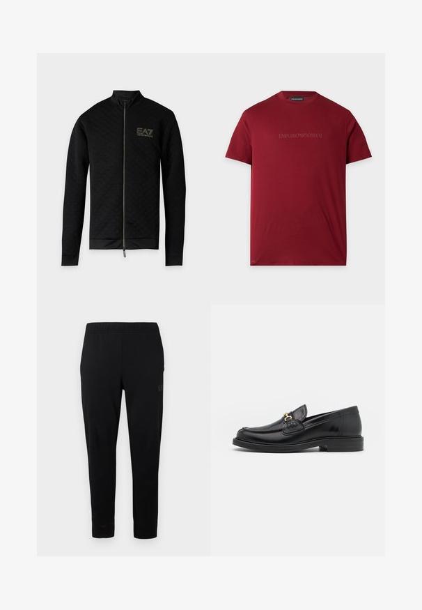 Schwarze langärmelige Reißverschlussjacke mit dezent kariertem Muster und EA7 Emporio Armani-Logo auf der linken Brust.; Bordeauxfarbenes Emporio Armani T-Shirt mit kurzen Ärmeln, Rundhalsausschnitt und dezentem gesticktem Logo auf der Brust.; Schwarze Sporthose mit elastischem Bund, schmaler Passform und ohne sichtbare Schnallen. Ausgestattet mit einem dezenten Logo, das seitlich aufgedruckt ist.; Schwarze Lederleter mit einer abgerundeten Zehenpartie, ausgestattet mit goldenen Hardwareakzenten und Stichdetails, auf einer niedrigen, strukturierten Gummisohle.