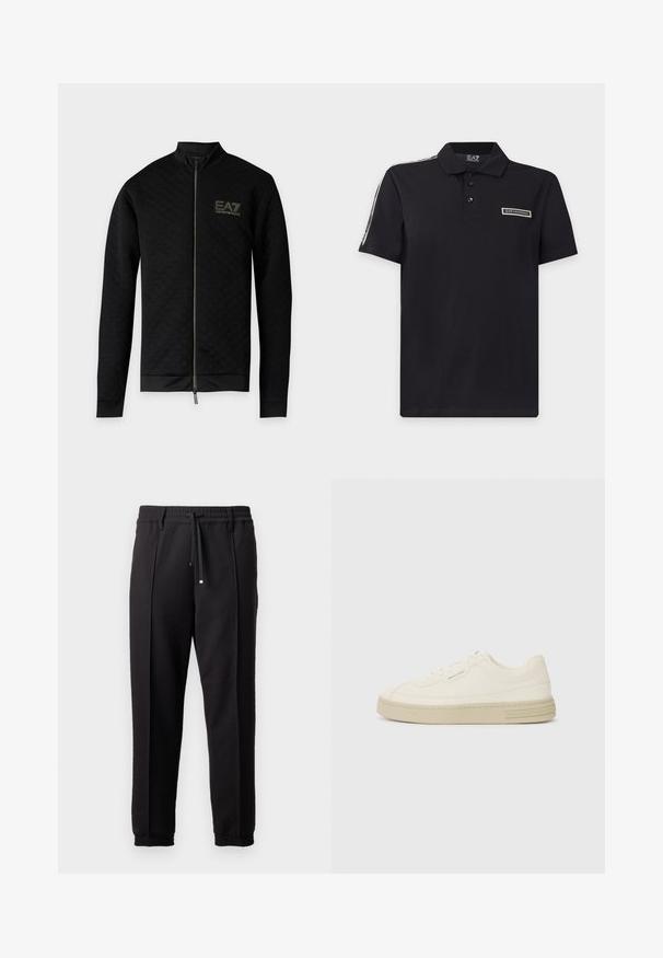 Čierna bunda na zapínanie na zips s dlhým rukávom, jemnou kockovanou textúrou a logom EA7 Emporio Armani na ľavej strane hrudníka.; Čierna polokošeľa s krátkym rukávom a tromi gombíkmi, logo EA7 Emporio Armani na hrudi a značková páska pozdĺž ramena.; Čierne nohavice s pásom, šnúrkou na stiahnutie a elastickými manžetami. Obsahujú pútkové prešitia a hladkú, textúrovanú látku.; Biele plátenné tenisky s textúrovanou gumovou podrážkou, so šitým špičkovým krytom a logom na päte. Jednoduchý dizajn so šnurovaním.