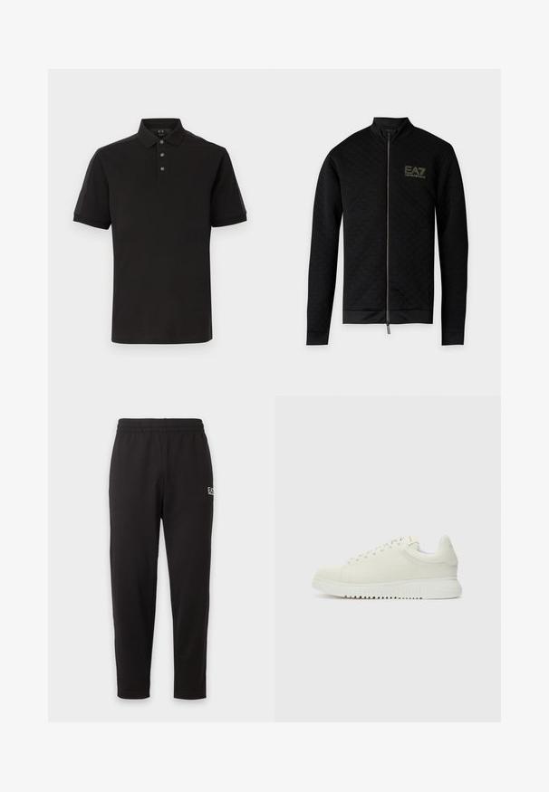 Veste noire à manches longues zippée avec une texture à carreaux subtile et logo EA7 Emporio Armani sur la poitrine gauche.; Polo noir à manches courtes avec trois boutons, col classique et détails ton sur ton subtil sur les épaules et les manches.; Pantalon de survêtement noir à taille élastique, jambes fuselées, avec un petit logo blanc sur la partie supérieure de la cuisse gauche.; Baskets blanches en cuir avec un dessus texturé, bout rond, semelle plate blanche et lacets ton sur ton. Marque discrète sur la languette.