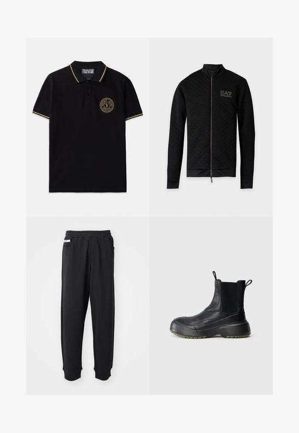 Schwarze langärmelige Reißverschlussjacke mit dezent kariertem Muster und EA7 Emporio Armani-Logo auf der linken Brust.; Schwarzes Poloshirt aus Baumwolle mit einem gelben gestreiften Kragen, einer Zwei-Knopf-Leiste und einem gestickten runden Logo auf der linken Brust.; Schwarze Jogginghose aus weichem Stoff, mit einem elastischen Bund, seitlichen Taschen und gerippten Bündchen an den Knöcheln. Minimalistisches Design.; Schwarze Leder-Ankle-Boots mit elastischen seitlichen Einsätzen, runder Zehenpartie und dicker Gummisohle mit olivenfarbigen Akzenten und Zugschlaufen.