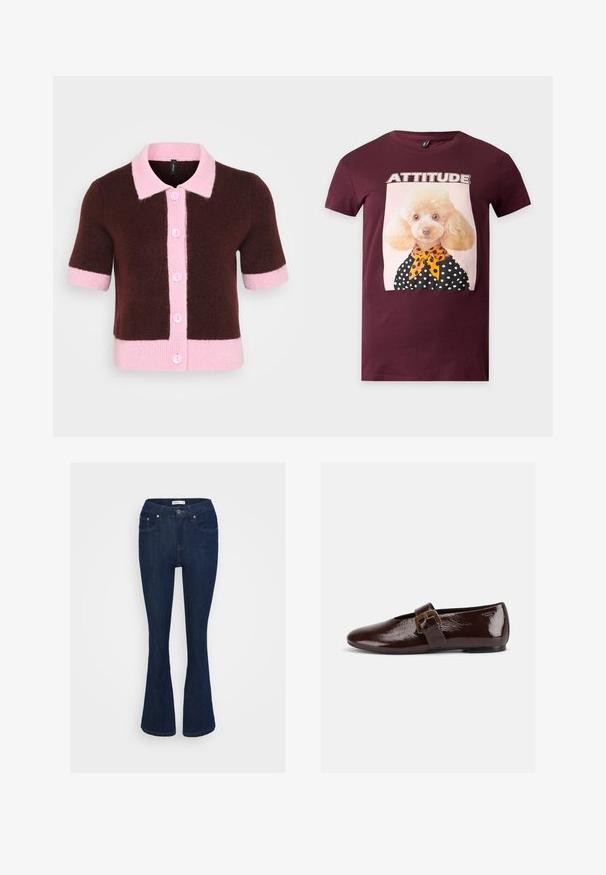 Cardigan court marron et rose à manches courtes, avec un col, des bords côtelés, et cinq boutons roses sur le devant, fabriqué en matériau tricoté doux.; T-shirt bordeaux avec un graphisme d’un caniche portant une tenue à pois et une écharpe orange, et le mot "ATTITUDE" au-dessus du chien.; Jean flare en denim bleu foncé avec un design classique à cinq poches, fermeture à bouton métallique et accents de couture sur les poches.; Chaussure plate en cuir verni marron foncé avec une large bride à boucle dorée et un bout arrondi, présentée de profil sur fond blanc.