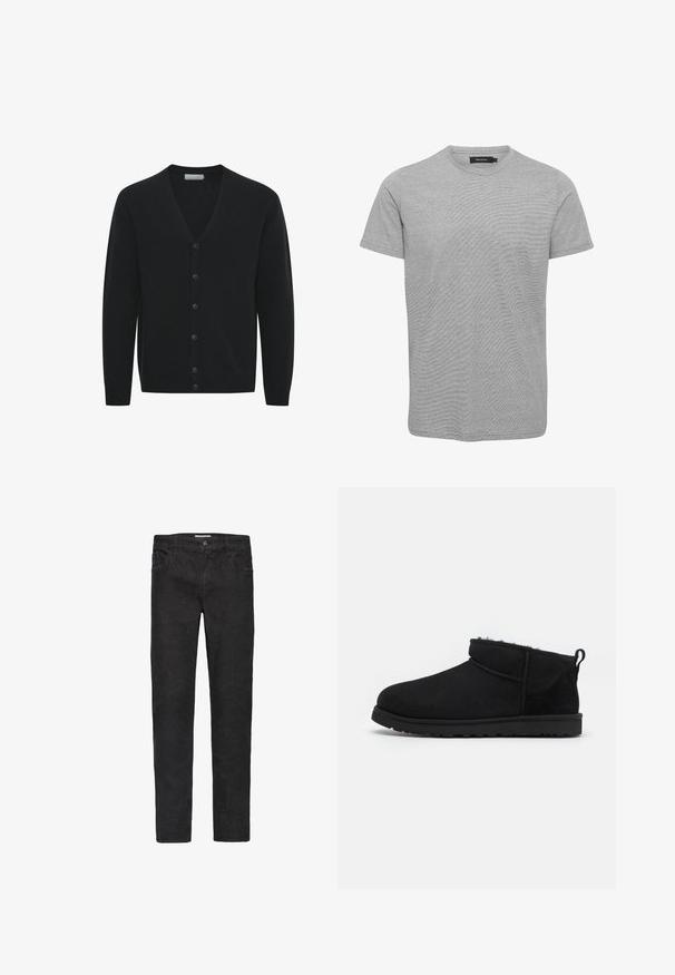 Sort cardigan i blødt strikmateriale, med V-hals, lange ærmer og seks frontknapper. Ribbede manchetter og kant.; Grå bomulds T-shirt med rund hals, korte ærmer og en subtil tekstur. Enkel design uden grafik eller pynt.; Sorte denim jeans med lige ben. Funktioner inkluderer fem lommer, knaplukning og diskrete syninger langs sømmene.; Sorte ruskind ankelstøvler med en blød, tekstureret foring, lavprofilgummi sål og en løkke bagpå for nem påtagning.