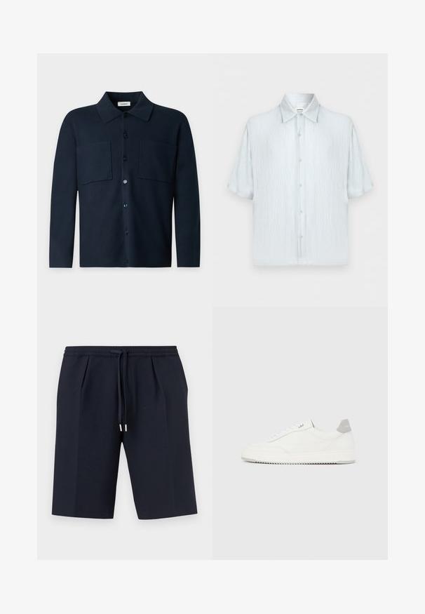 Chemise bleu marine foncé à manches longues, à boutons, avec deux poches poitrine et un col classique, présentée sur un fond gris clair uni.; Chemise homme bleu clair à manches courtes en tissu texturé, col classique et fermeture boutonnée devant sur un fond uni.; Shorts bleu marine longueur genou avec taille élastique et cordon de serrage ajustable avec embouts métalliques, design avant plat.; Baskets basses blanches avec un onglet de talon gris, des lacets blancs et une semelle texturée, présentées sur un fond uni clair.