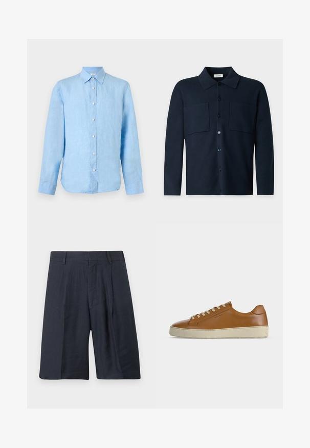Dark navy long-sleeve button-up shirt with two chest pockets and a classic collar, shown on a plain light gray background.; Light blue long-sleeve linen shirt with button-down front and classic collar, displayed on plain white background.; Navy blue knee-length tailored shorts with belt loops, front pleats, and a concealed front zipper closure.; Low-top brown leather sneaker with cream laces and thick cream rubber sole shown in side profile on white background.