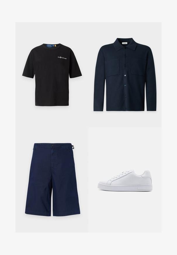 Mørkeblå langærmet skjorte med knapper, to brystlommer og klassisk krave, vist på en ensartet lysegrå baggrund.; Sort bomulds-t-shirt med korte ærmer, rund hals og et hvidt logo på venstre bryst med "Polo Ralph Lauren" tekst.; Marineblå knælange shorts med lynlåslommer foran, knaplukning og justerbar snor i taljen på en ensfarvet hvid baggrund.; Hvide lædersneakers med en glat overflade, rund tå, snørebånd foran og flad gummisål. Har prægede branding på hælen.