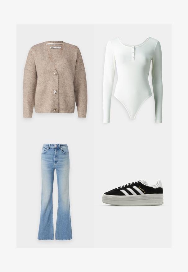 Beige cardigan med v-hals, lange ærmer og tre dekorative knapper med leopardmønster. Blød strik tekstur hele vejen igennem.; Langærmet hvid bodysuit lavet af strækbart stof, med en scoop halsudskæring og tre knaplukninger foran.; Lyseblå flared jeans lavet af denim, med høj talje, fem-lommekonstruktion og en subtil gradientafblegning mod kanten.; Sort ruskind sneaker med hvide læderdetaljer, tre hvide striber, flade snørebånd og en tyk grå platformsål. Guldfarvet "Gazelle" branding.