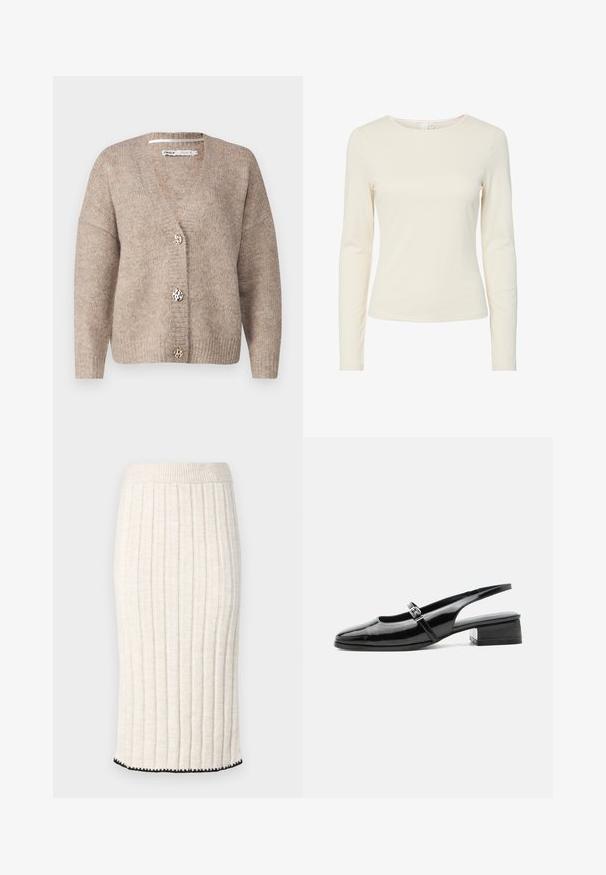 Beige cardigan med v-hals, lange ærmer og tre dekorative knapper med leopardmønster. Blød strik tekstur hele vejen igennem.; Cremefarvet, langærmet, tætsiddende kvindeskjorte med rund halsudskæring og glat tekstur, præsenteret på en hvid baggrund.; Strikket midiskørt i off-white, med lodrette ribber, en tætsiddende talje og en sort bølget kant. Glat tekstur med blød fald.; Sort laklæderslingback-sko med lav blokhæl og tynd rem med sølvspænde over toppen.