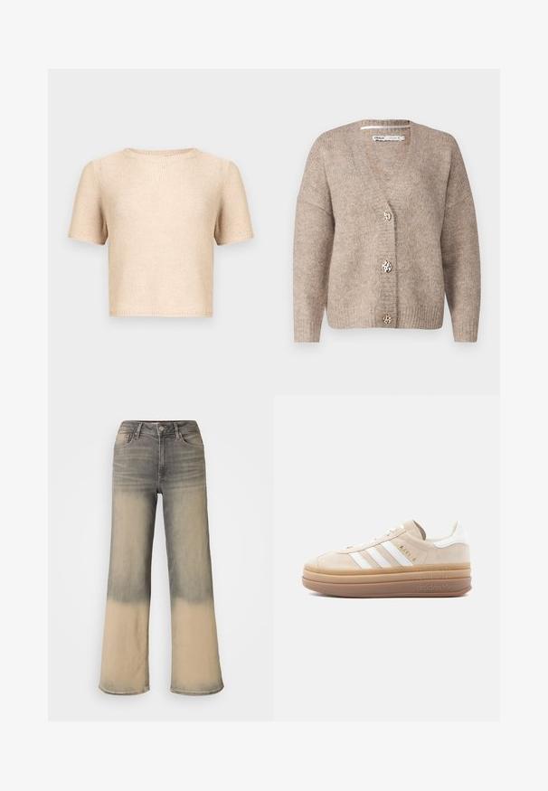 Cardigan beige avec un col en V, des manches longues et trois boutons décoratifs au motif léopard. Texture tricot douce tout au long.; Haut beige en maille à manches courtes avec un col rond, tissu texturé et ourlet brut. Design simple, adapté à la superposition ou à porter seul.; Jeans à jambes larges avec un dégradé de gris pâle à beige, en denim. Dotés de poches classiques et d'une fermeture à bouton.; Baskets en daim beige avec accents en cuir blanc, présentant trois rayures blanches, un logo doré et une semelle en caoutchouc épaisse et translucide.