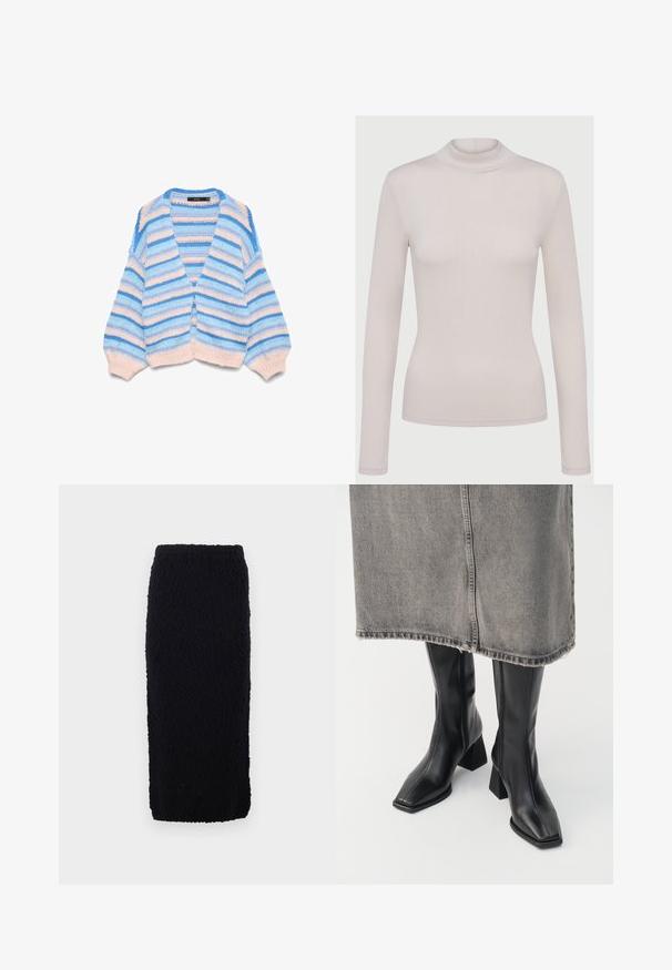 Blød strikket cardigan med brede, horisontale striber i blå, lyseblå og beige, V-udskæring samt ribbede manchetter og kant.; Lys beige langærmet turtleneck-top lavet af et blødt, strækbart materiale. Tætsiddende design med ribbet tekstur og standardmanchetter.; Sort, knælang strikket nederdel med en tekstureret overflade og lige snit. Taljen er elastisk for komfort.; Sorte knæhøje støvler i glat læder med firkantet tå og blokeret hæl. Båret med en grå denimnederdel med flosset kant.