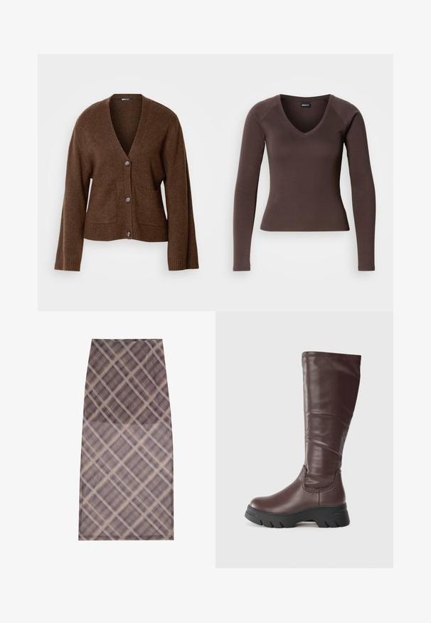 Brun cardigan laget av mykt materiale, med V-hals, frontknapper og to frontlommer. Ribbestrikket mansjetter og kant gir tekstur.; Brun langermet V-hals topp med en tettsittende silhuett, laget av glatt stretchstoff, med raglanermer og rene sømmer.; Et knelangt skjørt laget av et gjennomsiktig, lett stoff med rutemønster i nyanser av brunt og krem, glattes overflate og rene kanter.; Brune lærknestøvler med en glat finish, tyk sort gummisål og minimale syninger langs øverste kant.