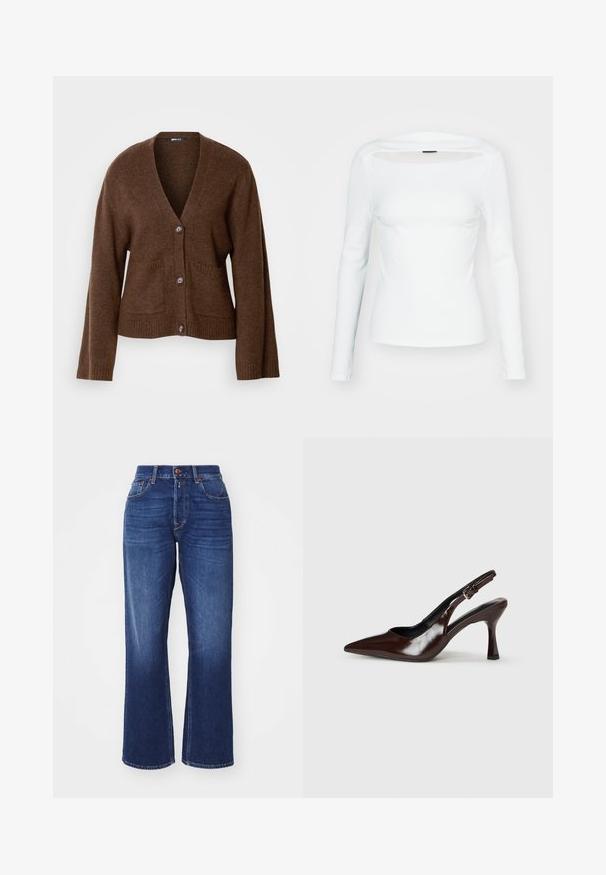 Cardigan marron en matériau doux, avec un col en V, des boutons sur le devant et deux poches avant. Les poignets et l'ourlet côtelés ajoutent de la texture.; Haut à manches longues blanc avec décolleté carré et découpe à l'avant, fabriqué en matériau côtelé. Design ajusté, texture lisse.; Jean en denim bleu foncé avec une coupe large, taille haute, poches avant et fermeture à bouton. Présente une légère décoloration et des coutures contrastantes.; Talons slingback en cuir verni brun avec un bout pointu, un talon fin, et une sangle réglable avec une petite boucle.