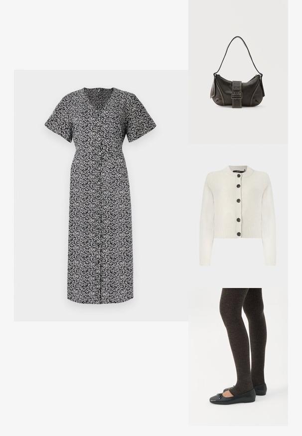 Cárdigan corto de punto en crema claro, con textura acanalada, escote redondo y botones negros en la parte delantera.; Vestido con estampado floral en blanco y negro, de manga corta, escote en V profundo, con botones en la parte delantera, hasta la rodilla, hecho de tela ligera, con un ajuste cómodo.; Piernas con leggings oscuros acanalados combinados con bailarinas negras que presentan pequeños detalles de lazo sobre un fondo blanco.; Bolso de hombro de cuero negro con detalle de correa con hebilla, bordes curvos y costuras blancas en contraste sobre un fondo liso.