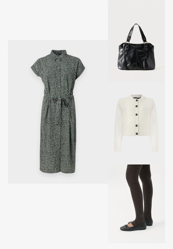 Cardigan court en tricot couleur crème clair, avec une texture côtelée, un col rond et des boutons noirs sur le devant.; Robe verte à boutons avec motif léopard, manches courtes, ceinture à la taille et ourlet à mi-mollet. Fabriquée en tissu léger avec une texture douce.; Jambes portant des leggings côtelés foncés associés à des ballerines noires avec de petits détails en nœud sur fond blanc.; Sac à épaule en cuir noir avec double anses attachées par des anneaux et rivets dorés, surface lisse et légèrement brillante, design simple.