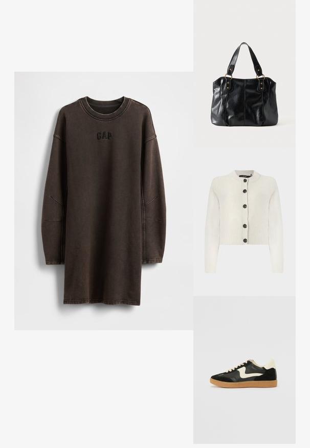 Gebreide cropped cardigan in lichtcrème, met ribbeltextuur, ronde halslijn en zwarte knopen aan de voorkant.; Bruine oversized sweatshirtjurk gemaakt van zacht materiaal, met een ronde halslijn en een geborduurd "GAP"-logo op de borst.; Zwarte suède en leren sneaker met een crèmekleurige zij-swoosh en lichte crèmekleurige hiel. Voorzien van beige veters en een gumrubberen zool.; Zwarte leren schoudertas met dubbele bandjes bevestigd met gouden ringen en klinknagels, glad en licht glanzend oppervlak, eenvoudig ontwerp.