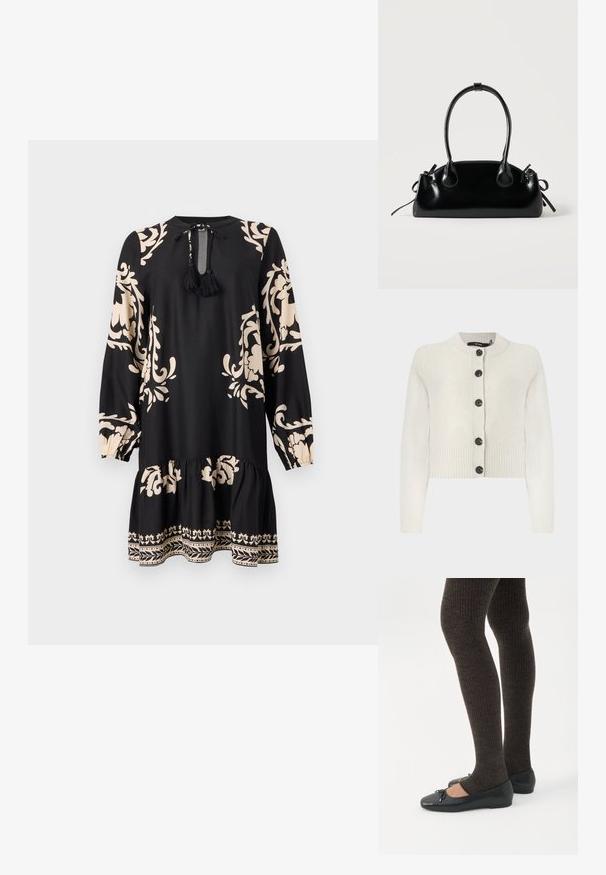 Strikket cropped cardigan i lys creme, med ribbet tekstur, rund halsudskæring og sorte knapper ned langs fronten.; Sort kjole med lange ærmer, prydet med beige blomster mønstre og en flæse i bunden. Includerer en bindebånd ved halsen med frynser for detalje.; Ben iført mørke ribbede leggings kombineret med sorte balletsko med små sløjfedetaljer på hvid baggrund.; Lille sort blank håndtaske med to lange håndtag og snøre-detaljer i siden på en ensfarvet lys baggrund.