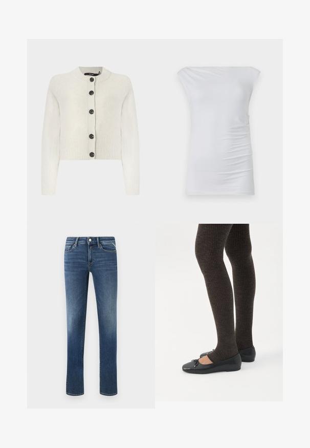 Strikket cropped cardigan i lys creme, med ribbet tekstur, rund halsudskæring og sorte knapper ned langs fronten.; Hvid off-the-shoulder top lavet af blødt stof; har et tætsiddende design med diskret side-frynse og glat tekstur.; Mørkeblå denim jeans med lige ben, mid-rise talje, forlommer og klassisk syning. Har en metalknap og lynlåslukning.; Ben iført mørke ribbede leggings kombineret med sorte balletsko med små sløjfedetaljer på hvid baggrund.