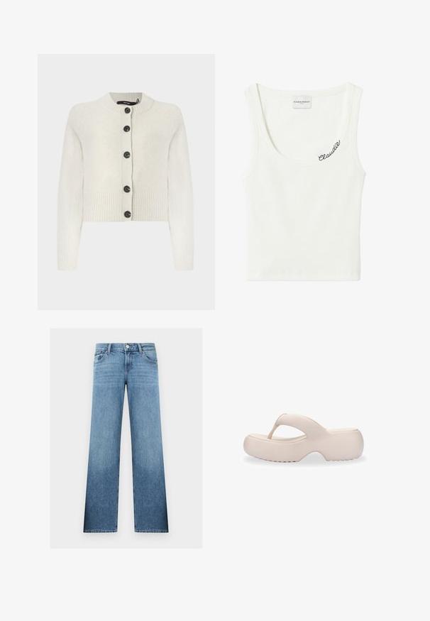 Cárdigan corto de punto en crema claro, con textura acanalada, escote redondo y botones negros en la parte delantera.; Camiseta sin mangas blanca de canalé con escote redondeado y pequeño bordado "Claudie" cerca del cuello, etiqueta Claudie Pierlot Paris en el interior.; Vaqueros de mezclilla azul claro de pierna recta con botón frontal, cremallera, trabillas para cinturón y bolsillos delanteros y traseros.; Melissa FREE FUZZY - Sandalias de dedo - beige