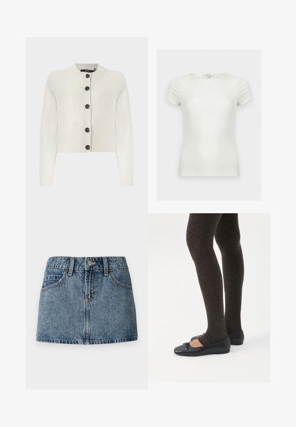 Strikket cropped cardigan i lys creme, med ribbet tekstur, rund halsudskæring og sorte knapper ned langs fronten.; Plain hvid tætsiddende t-shirt med korte ærmer og rund halsudskæring, vist på en neutral baggrund.; Denim mini nederdel i middelblå vask, med en tætsiddende talje, forlommer og subtile syninger. Glat, struktureret stoffinish.; Ben iført mørke ribbede leggings kombineret med sorte balletsko med små sløjfedetaljer på hvid baggrund.