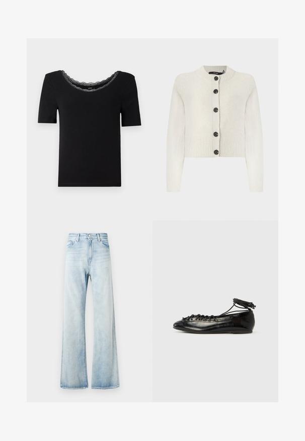 Cardigan court en tricot couleur crème clair, avec une texture côtelée, un col rond et des boutons noirs sur le devant.; T-shirt noir à manches courtes en tissu doux, doté d'un col en dentelle festonnée. Design simple et ajusté, sans motifs ni accents.; Jean évasé en denim bleu clair avec une taille haute, des poches avant et une fermeture par bouton. Fini délavé avec une texture lisse et des bords ourlés.; Ballerines en cuir verni noir avec un bout rond, un design à lacets et une semelle plate. Texture lisse avec peu de détails.