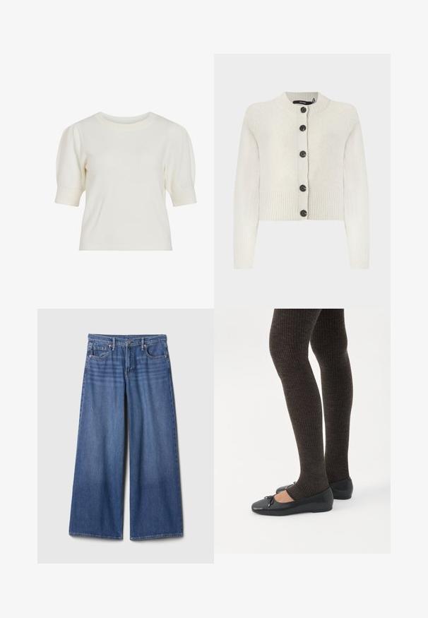 Cardigan court en tricot couleur crème clair, avec une texture côtelée, un col rond et des boutons noirs sur le devant.; Top en tricot blanc à manches courtes avec un col rond et des manches bouffantes. Texture lisse et silhouette ajustée, adapté pour un look décontracté.; Jeans en denim à jambes larges de couleur bleu moyen, avec une taille haute, cinq poches et des accents de couture. Texture lisse, finition sans ornements.; Jambes portant des leggings côtelés foncés associés à des ballerines noires avec de petits détails en nœud sur fond blanc.