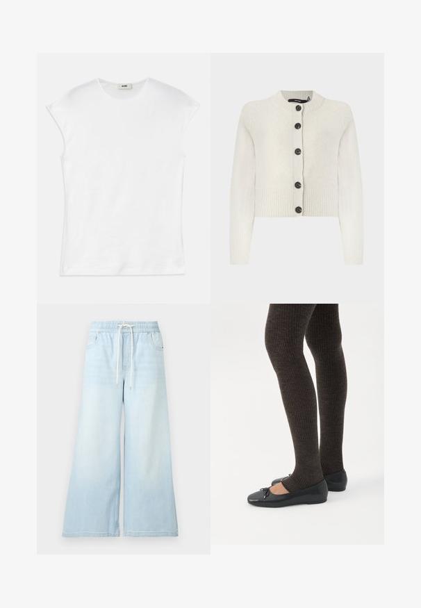 Gebreide cropped cardigan in lichtcrème, met ribbeltextuur, ronde halslijn en zwarte knopen aan de voorkant.; Witte T-shirt met korte mouwen van katoen. Het heeft een ronde halslijn en een gladde, zachte textuur met een ontspannen pasvorm. Geen patronen of accenten.; Lichtblauwe wijde spijkerbroek met elastische tailleband en witte trekkoord, met voorzakken en subtiele vervaging.; Benen met donkere geribbelde leggings gecombineerd met zwarte ballerina's met kleine strikdetails op een witte achtergrond.