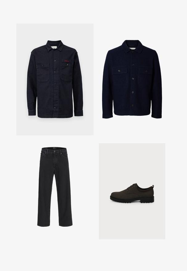 Marineblå uldjakke med lange ærmer, knaplukning foran, to brystlommer med klapper og knapper samt en klassisk krave.; Mørkeblå denimskjorte med lange ærmer, knaplukning foran, to brystlommer og et lille rødt "REPLAY" logo på den venstre lomme.; Sorte denim jeans med lige ben, knap- og lynlåslukning, bæltestropper samt for- og baglommer.; Mørkebrun snøresko med sort robust sål og lav hæl, set fra siden på en ensfarvet hvid baggrund.