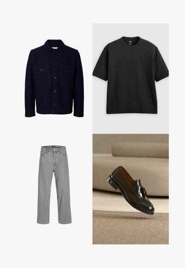Marineblå uldjakke med lange ærmer, knaplukning foran, to brystlommer med klapper og knapper samt en klassisk krave.; Sort T-shirt med korte ærmer og rund hals, løstsiddende pasform, vist fladt på en lys grå baggrund.; Grå denimbukser med en afslappet, løs pasform. Har et traditionelt fem-lomme design og en knaplukning i taljen.; Sort læder tasselloafer flydende over beige tæppe med en beige sofa i baggrunden.