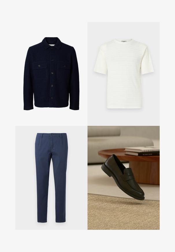 Veste en laine bleu marine à manches longues, fermeture à boutons sur le devant, deux poches poitrine à rabat avec boutons, et un col classique.; T-shirt blanc à manches courtes en tissu texturé avec un subtil motif horizontal. Motif col rond, coupe décontractée.; Pantalon bleu marine en tissu léger, avec une fermeture à bouton sur le devant, deux poches latérales et une coupe droite.; Chaussure mocassin en cuir noir présentée en suspension au-dessus d'un tapis beige tissé, avec une table en bois et des livres empilés dans un salon doucement éclairé.