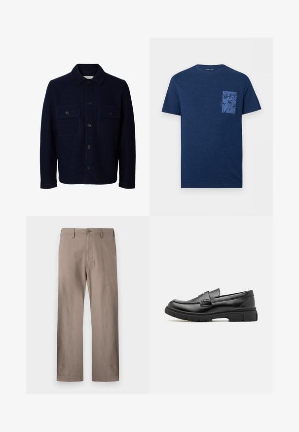 Marineblaue Wolljacke mit langen Ärmeln, vorderer Knopfleiste, zwei Brusttaschen mit Klappen und Knöpfen sowie einem klassischen Kragen.; Marineblaues T-Shirt mit kurzen Ärmeln, Rundhalsausschnitt und kleiner Brusttasche mit blauem Palmen-Grafikdruck.; Beige gerade geschnittene Hose aus leichtem Stoff mit Knopfverschluss, ausgestattet mit frontalen Taschen und sauberer Naht.; Schwarze Lederloafer mit einem breiten Riemen über dem Rist, Gummisohle mit dicken Profilen und glatter Textur. Klassisches, schlankes Design.