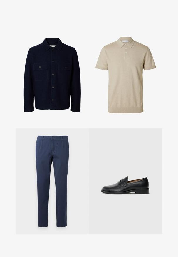 Marineblaue Wolljacke mit langen Ärmeln, vorderer Knopfleiste, zwei Brusttaschen mit Klappen und Knöpfen sowie einem klassischen Kragen.; Beiges kurzärmeliges Poloshirt mit Kragen und drei Knöpfen, gerippte Bündchen an Ärmeln und Saum, einfarbiger Strickstoff.; Marineblaue Hose aus leichtem Stoff, mit einem frontalen Knopfverschluss, zwei Seitentaschen und einem geraden Beinansatz.; Schwarze Lederloafer mit abgerundetem Zehenbereich, die über ein vorderes Riemen-Detail und einen niedrigen, stabilen Absatz verfügen. Glatte Textur und elegantes Design.