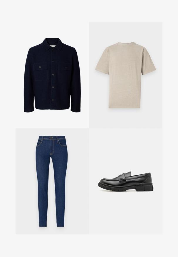 Marineblå uldjakke med lange ærmer, knaplukning foran, to brystlommer med klapper og knapper samt en klassisk krave.; Kortærmet T-shirt i lys beige med rund hals, lavet af blødt stof, med en glat tekstur og et enkelt design uden grafik.; Tætsiddende jeans i mørkeblå denim med orange syninger. Har to forlommer og knaplukning. Glat tekstur med en tætsiddende design.; Sort læder loafersko med en bred rem over forfoden, gummisål med tykke mønstre og glat overflade. Klassisk, slankt design.
