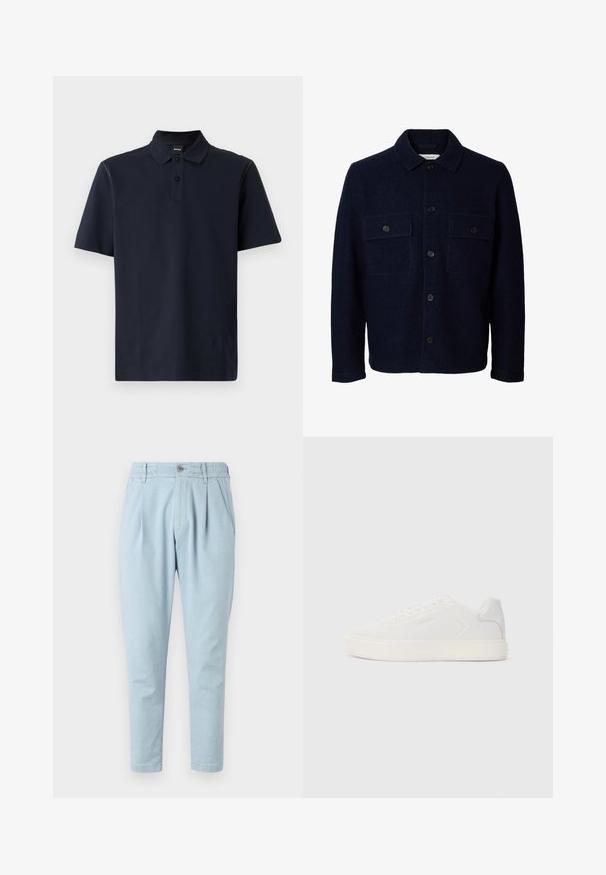 Veste en laine bleu marine à manches longues, fermeture à boutons sur le devant, deux poches poitrine à rabat avec boutons, et un col classique.; Polo à manches courtes bleu marine en coton texturé, avec une patte de boutonnage à deux boutons, un col standard et une couture discrète au niveau des épaules.; Pantalon bleu clair en tissu texturé, avec une fermeture à bouton, une taille élastique et deux poches latérales. Design à jambes fuselées.; Baskets blanches avec une tige synthétique lisse, bout rond et semelle plate blanche. Caractérisées par des coutures ton sur ton et un branding minimaliste sur le côté.