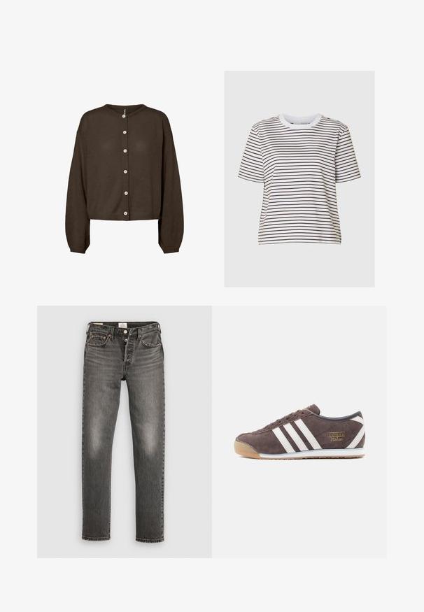 Cardigan tricoté à manches longues de couleur brun foncé avec col rond et sept boutons blancs sur le devant, présenté sur fond blanc.; T-shirt rayé blanc et marron foncé, manches courtes, col rond, en tissu coton doux, possède une coupe droite et un style décontracté.; Jean en denim gris avec une coupe droite, texture usée, décoloration subtile, rivets en cuivre et une fermeture à bouton classique.; Baskets en daim marron avec trois bandes blanches, une semelle texturée et un logo doré. Caractérisées par une silhouette basse et un bout arrondi.