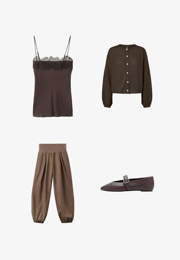 Cardigan tricoté à manches longues de couleur brun foncé avec col rond et sept boutons blancs sur le devant, présenté sur fond blanc.; Débardeur marron sans manches avec fines bretelles et délicate dentelle le long de l'encolure.; Pantalon ample marron taille haute avec poignets élastiques froncés et plis avant, présenté sur un fond blanc.; Chaussure plate marron à bout pointu avec une bride à boucle argentée sur le dessus du pied, texture en cuir lisse et talon bas.