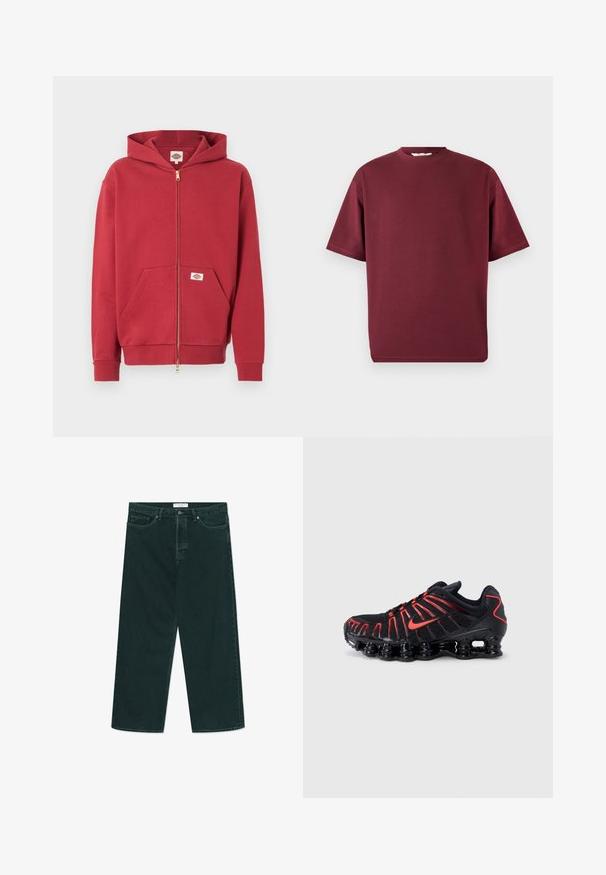 Rode hoodie met ritssluiting, voorzakken, geribbelde manchetten en een klein logoplaatje op de zak en binnen in de kraag.; Donkerrode T-shirt met korte mouwen en ronde hals in een relaxte pasvorm, weergegeven op een effen lichtgrijze achtergrond.; Donkergroene spijkerbroek met wijdere pijpen, voorzien van een knoop- en ritsclosure, voorzakken en riemlussen, plat gelegd op een witte achtergrond.; Zwarte sportschoenen met rode accenten, voorzien van een gestructureerde mesh bovenkant, een uniek golvend ontwerp en een gevormde, gedempte zool.