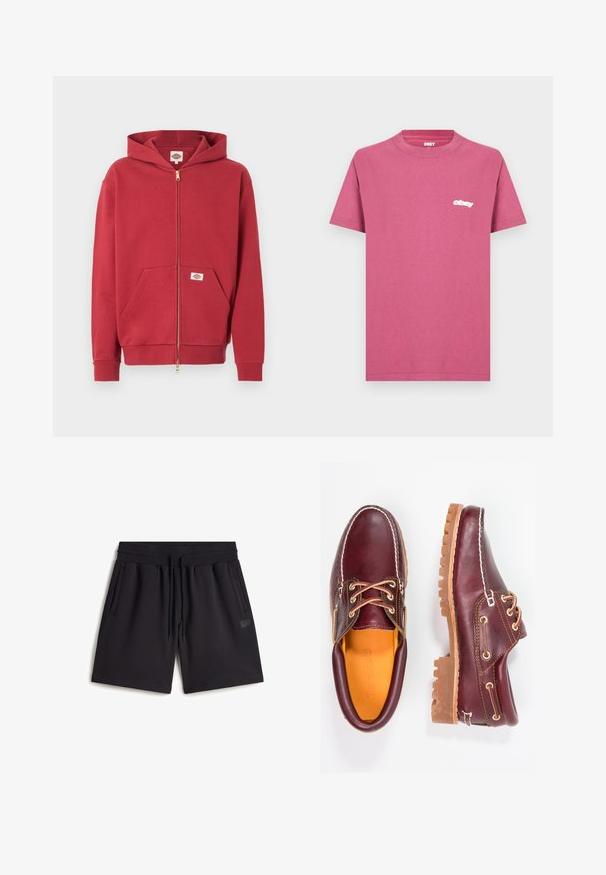 Sweat à capuche zippé rouge avec poches frontales, poignets côtelés et une petite écusson logo sur la poche et à l'intérieur du col.; T-shirt en coton rose avec un col rond classique. Présente un petit logo "obey" blanc sur la poitrine gauche. Manches courtes et ourlet droit.; Shorts de sport noirs en tissu mélange de coton. Avec une taille élastique à cordon, des poches latérales et un petit patch logo.; Chaussures en cuir bourgogne avec semelles en caoutchouc marron, bout rond, couture blanche et œillets dorés. L'intérieur présente une doublure jaune.