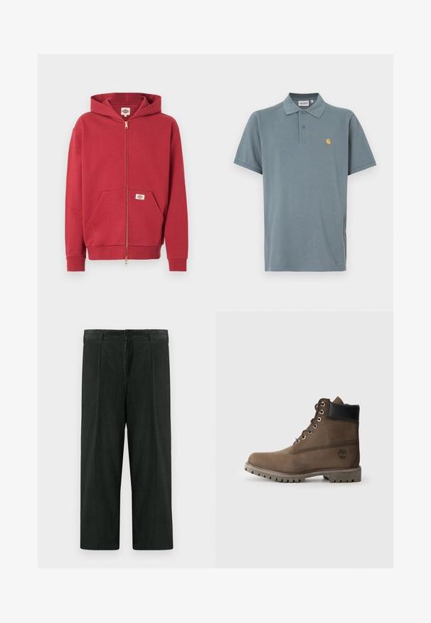 Red zip-up hoodie with front pockets, ribbed cuffs, and a small logo patch on the pocket and inside collar.; Short-sleeve polo shirt in muted blue, made of cotton. Features a three-button placket and a small yellow logo on the left chest.; Dark green wide-leg trousers made of textured cotton. Features a button closure and front pleats. Straight cut with a mid-rise waistband.; Brown leather ankle boot with black collar, metal eyelets, and rugged gray sole. Features logo on side and stitched detailing.