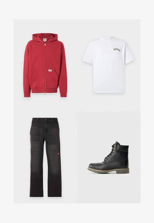 Roter Kapuzenpullover mit Reißverschluss, Fronttaschen, gerippten Bündchen und einem kleinen Logopatch auf der Tasche sowie im Innenkragen.; Weißes Baumwoll-T-Shirt mit kurzen Ärmeln und rundem Halsausschnitt. Auf der linken Brust befindet sich das grüne, gestickte "DICKIES"-Logo.; Schwarze Denim-Arbeitshose mit doppelten Kniepaneelen und einem kleinen roten Logopatch am rechten Bein, gerader Schnitt und Bund mit Knopfverschluss.; Schwarze Leder-Stiefelette mit Schnürdesign, gepolstertem Kragen und strukturiertem Einsatz. Verfügt über eine robuste Sohle und ein geprägtes Logo an der Seite.